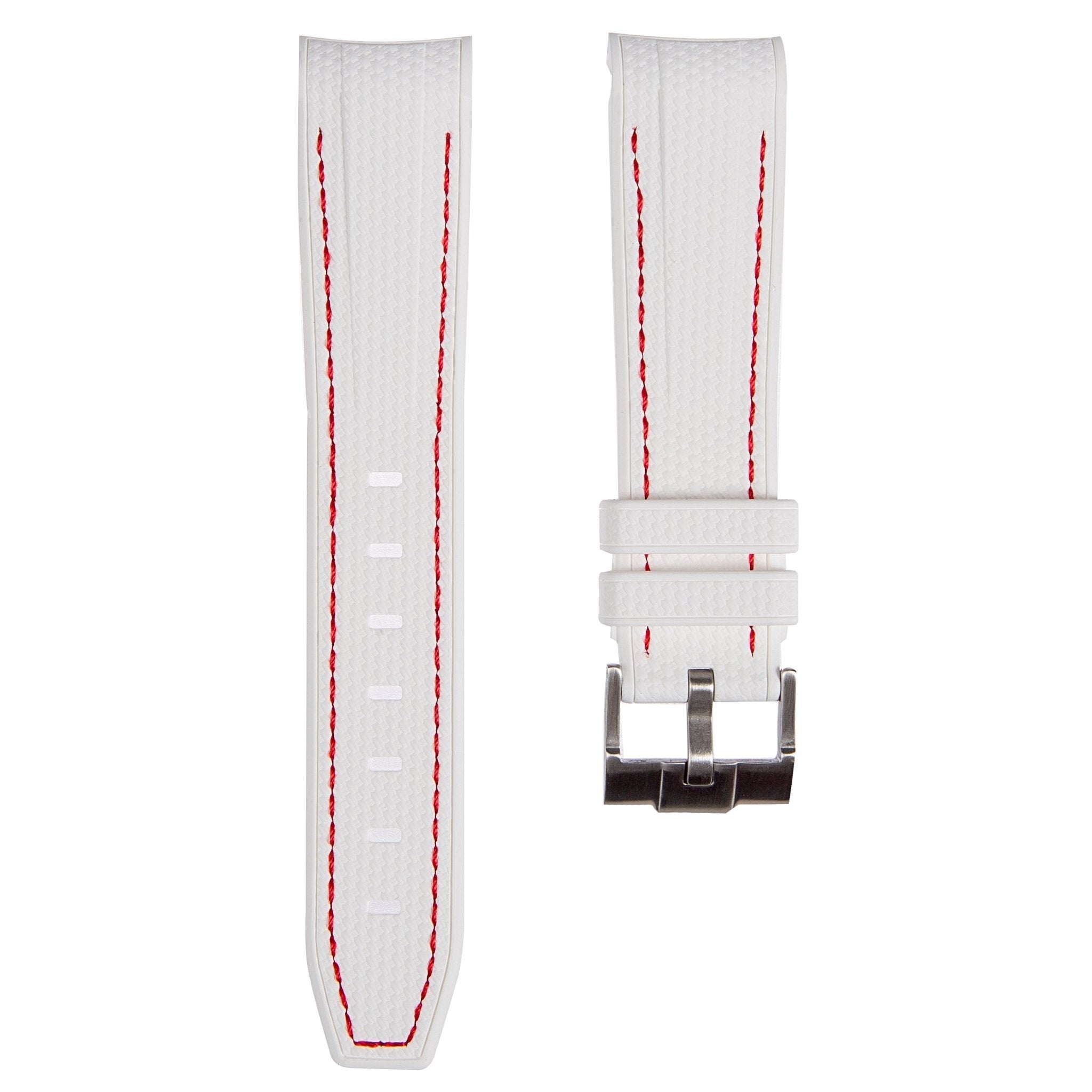 Textured Curved End Premium Silicone Strap – Compatible with Rolex Submariner – White with Red Stitch (2405) -StrapSeeker